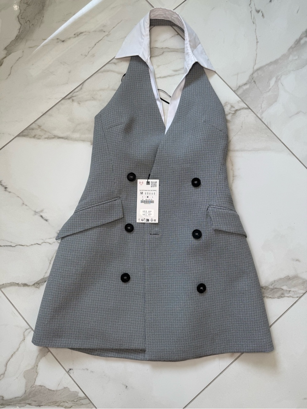 Zara Grey Sleeveless Double-Breasted Mini Dress with White Collar